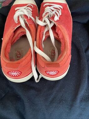 UGG Coral-Red Canvas Lace-Up Sneakers with White Accents